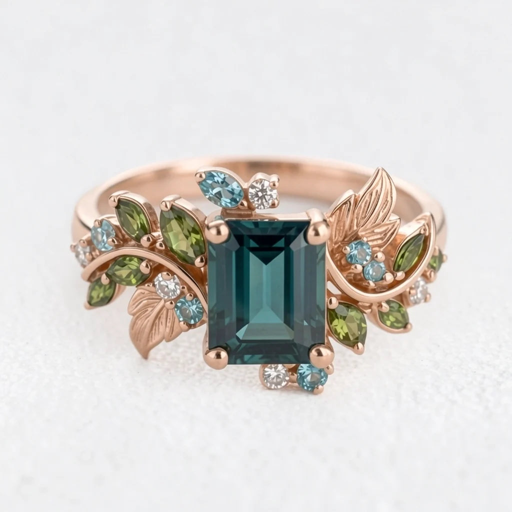 Ivy’s Embrace | Emerald Cut Blue Green Tourmaline Vine & Leaf Engagement Ring