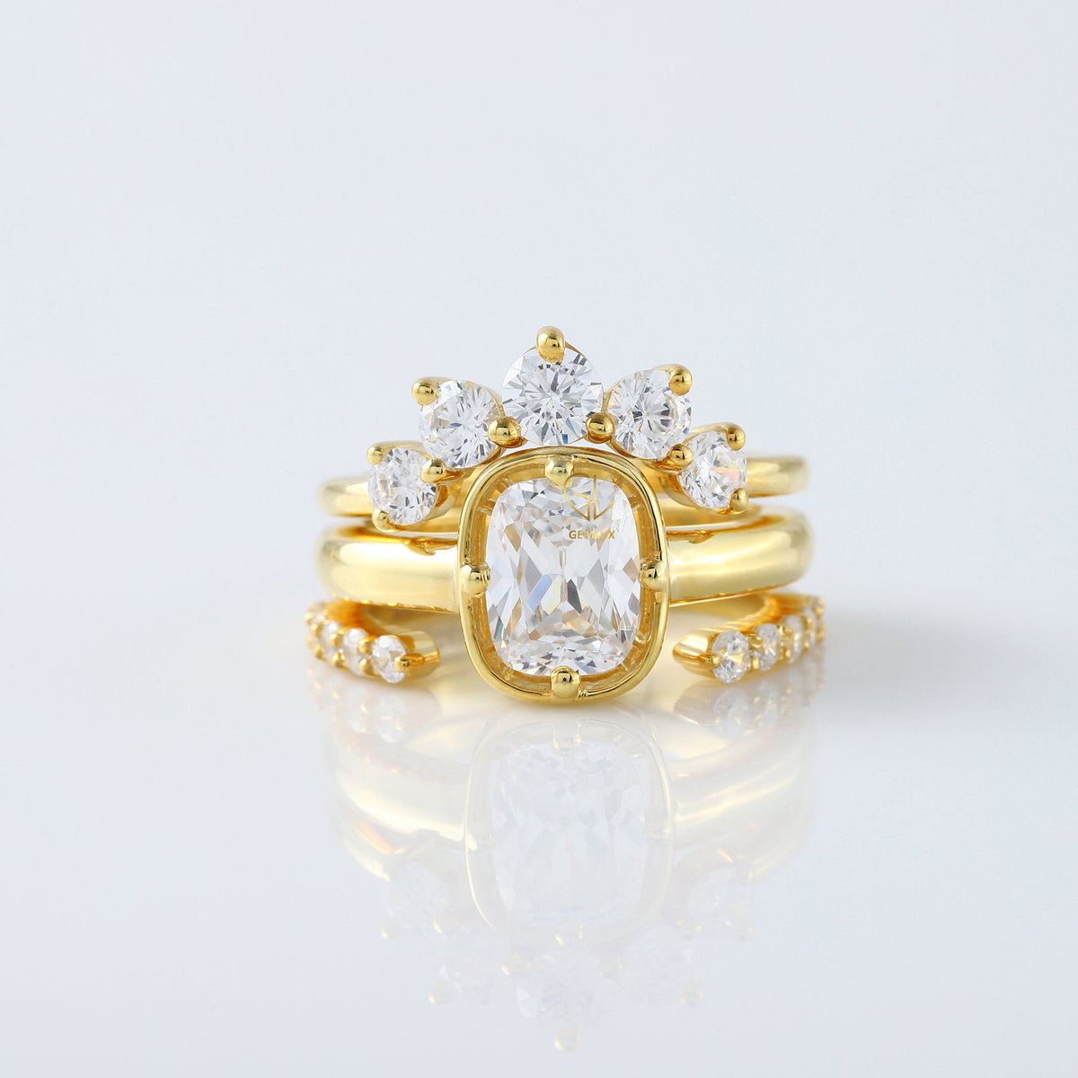 2 ct Elongated Cushion Moissanite Diamond Trio Ring Set - Yellow Gold