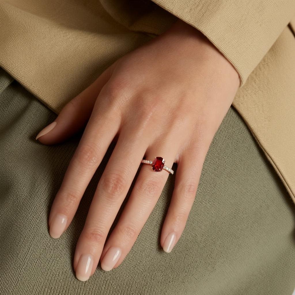 Seraphina’s Ember | 1.5CT Oval Ruby Pavé Solitaire Engagement Ring