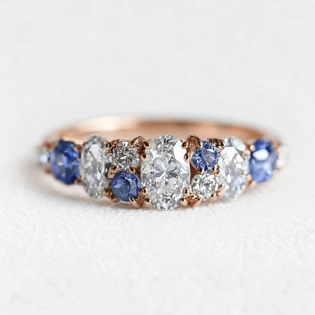 Cordelia’s Keepsake | Thistle Blue Sapphire & Moissanite Half‑Eternity Ring