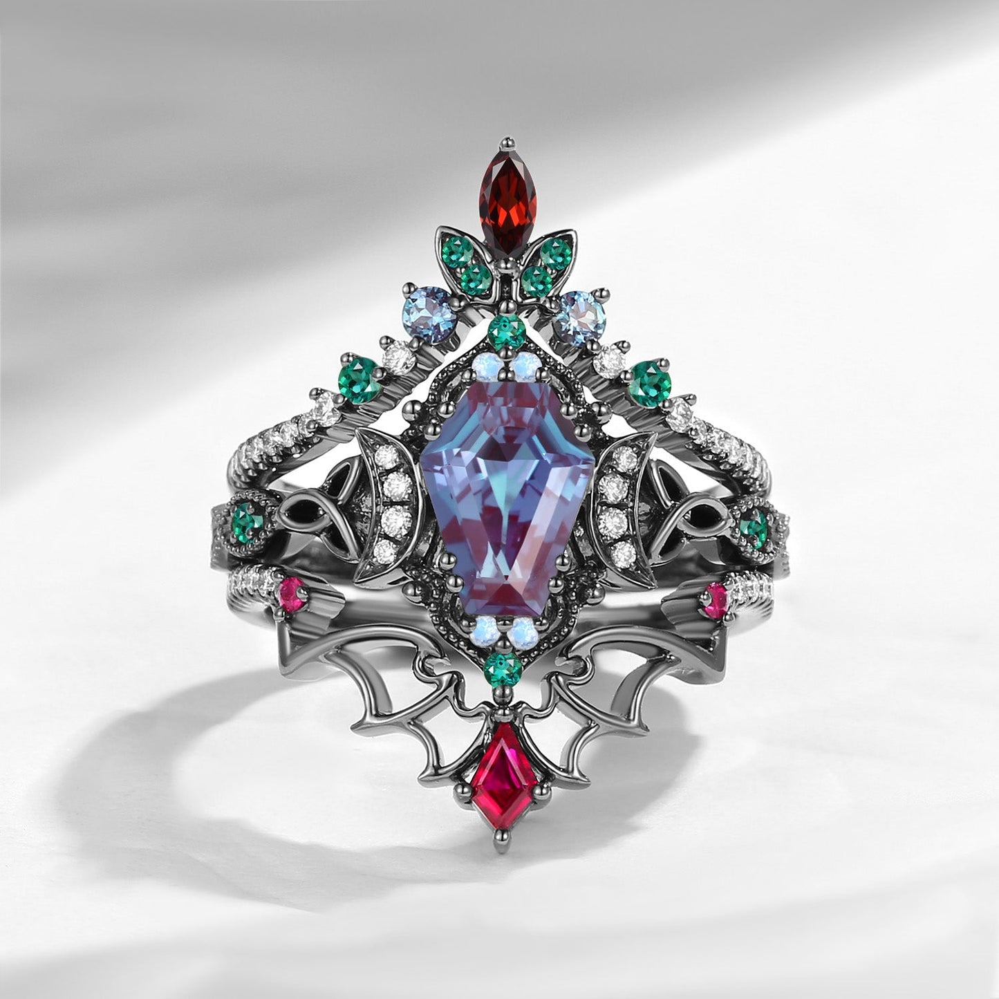 Celtic Moon - Unique Gothic Coffin Lab Alexandrite Celtic Knot Ring Set In Black Gold