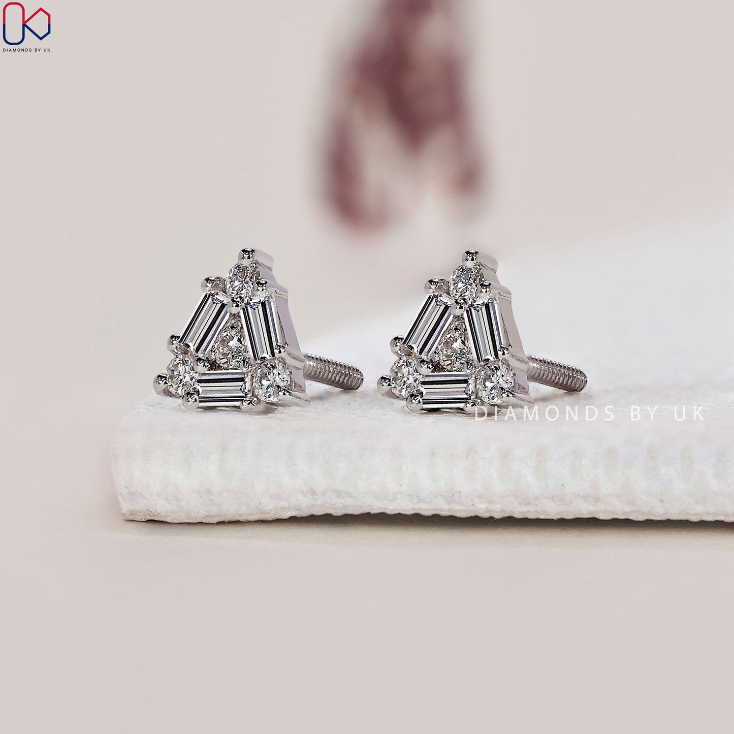 White Gold Stud Earrings - Baguette and Round Diamond