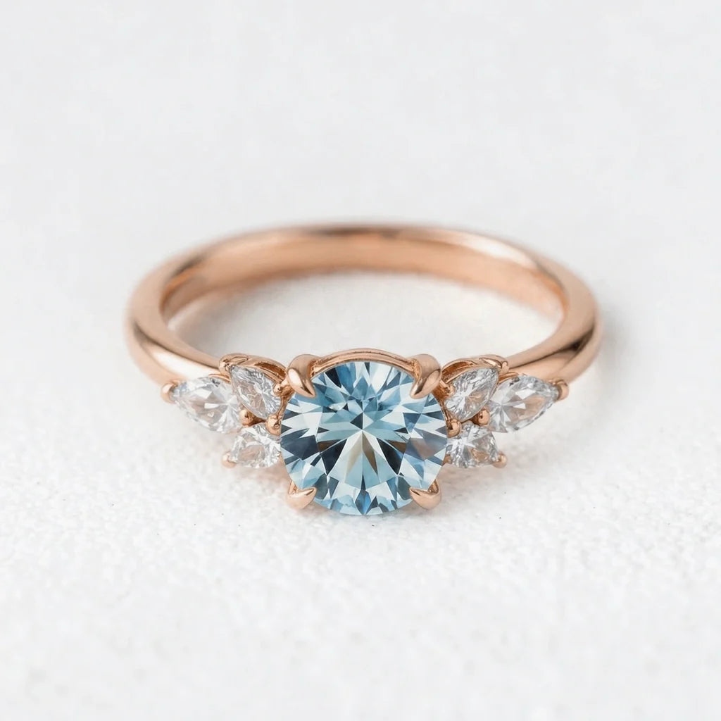 Selene’s Whisper | 1CT Round Cut Blue Sapphire Cluster Engagement Ring