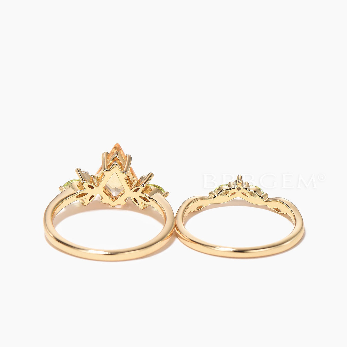 Kite Cut Natural Citrine Engagement Ring Peridot Diamond Curved Band Ring Set