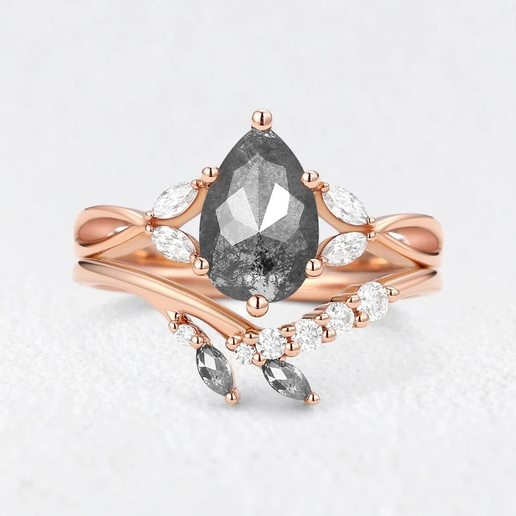 Isadora’s Twig | 1.2CT Pear Salt & Pepper Diamond Bridal Set 2pcs