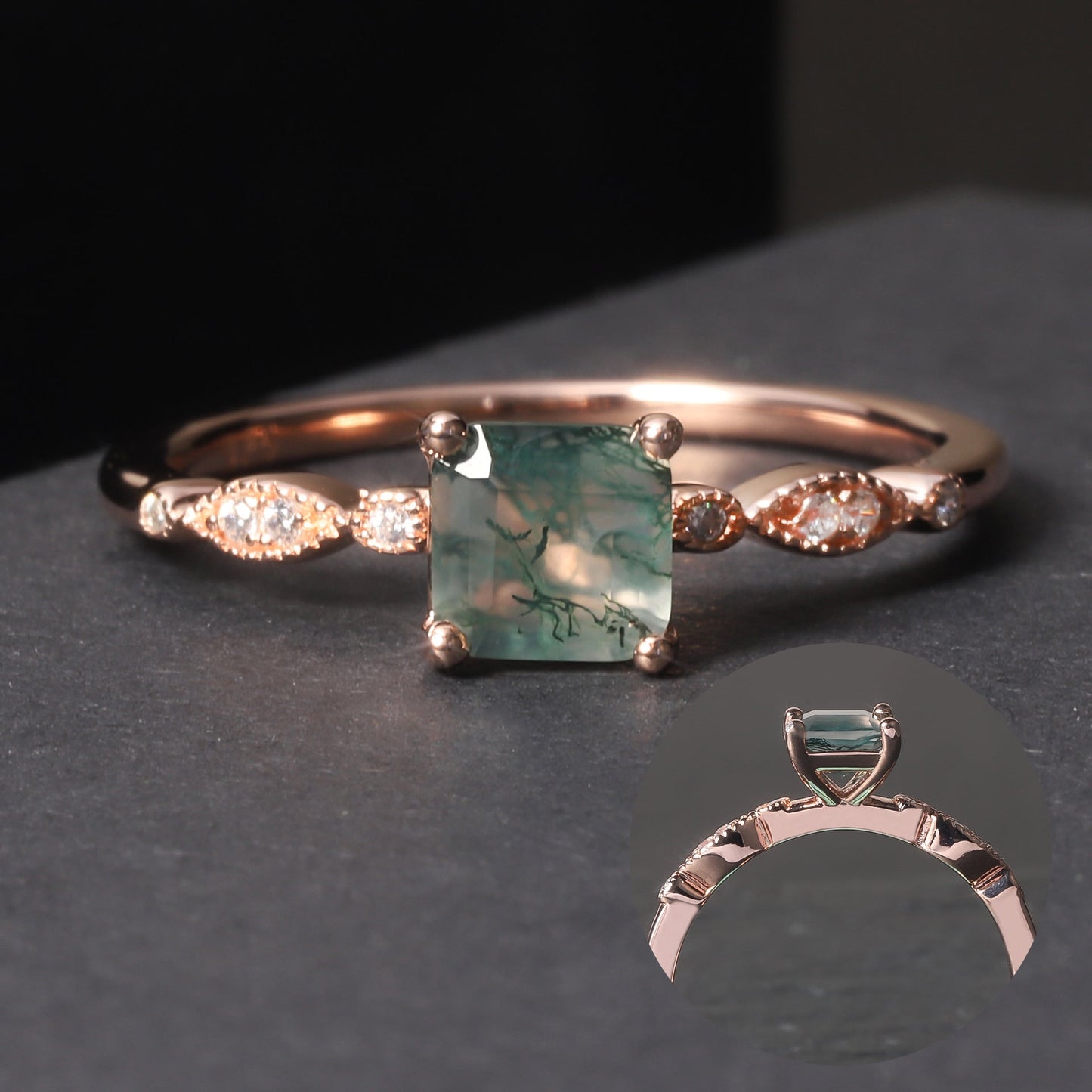 Princess Cut Moss Agate Vintage Engagement Ring