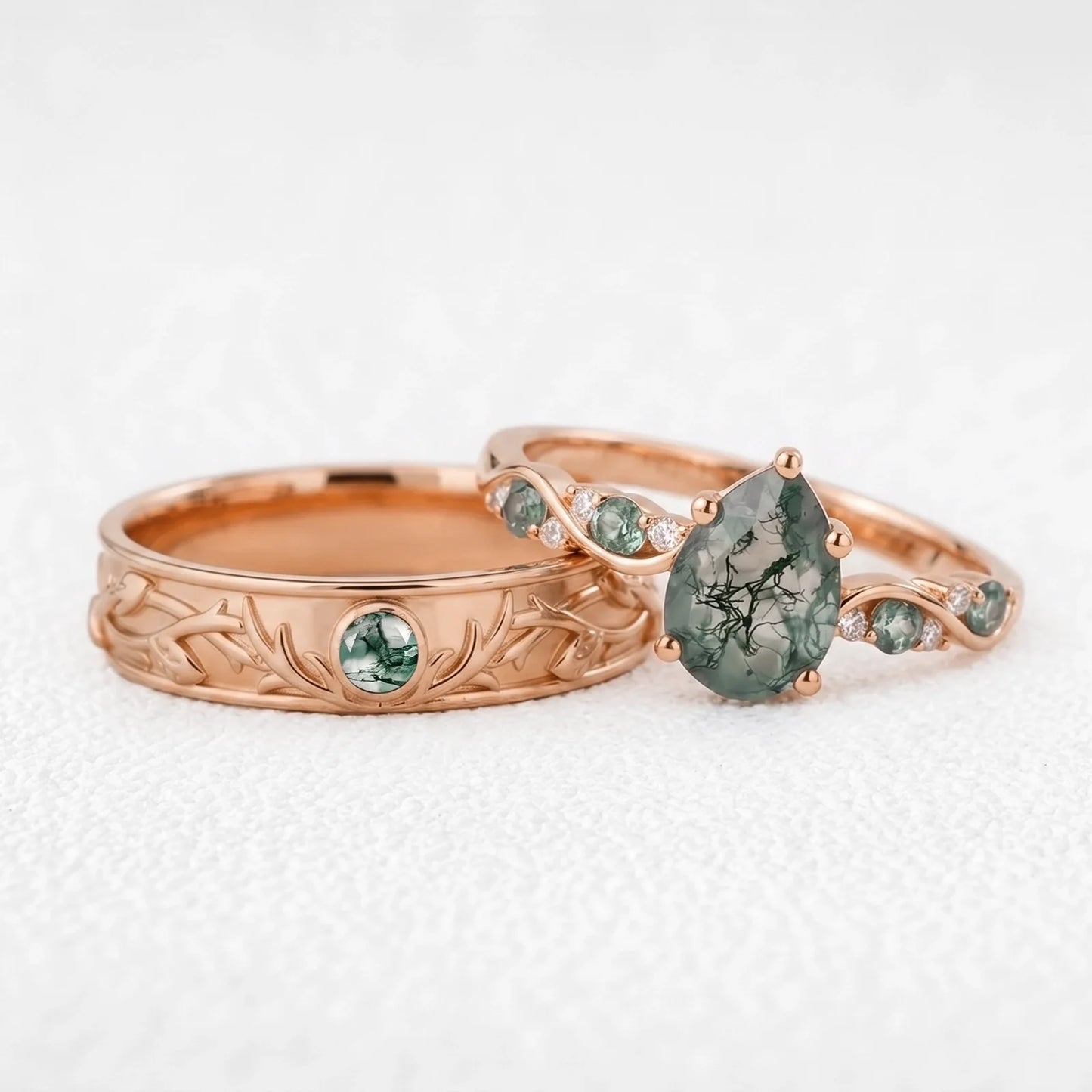 Sylvie’s Antler | Pear Moss Agate & Carved Band Couple Set