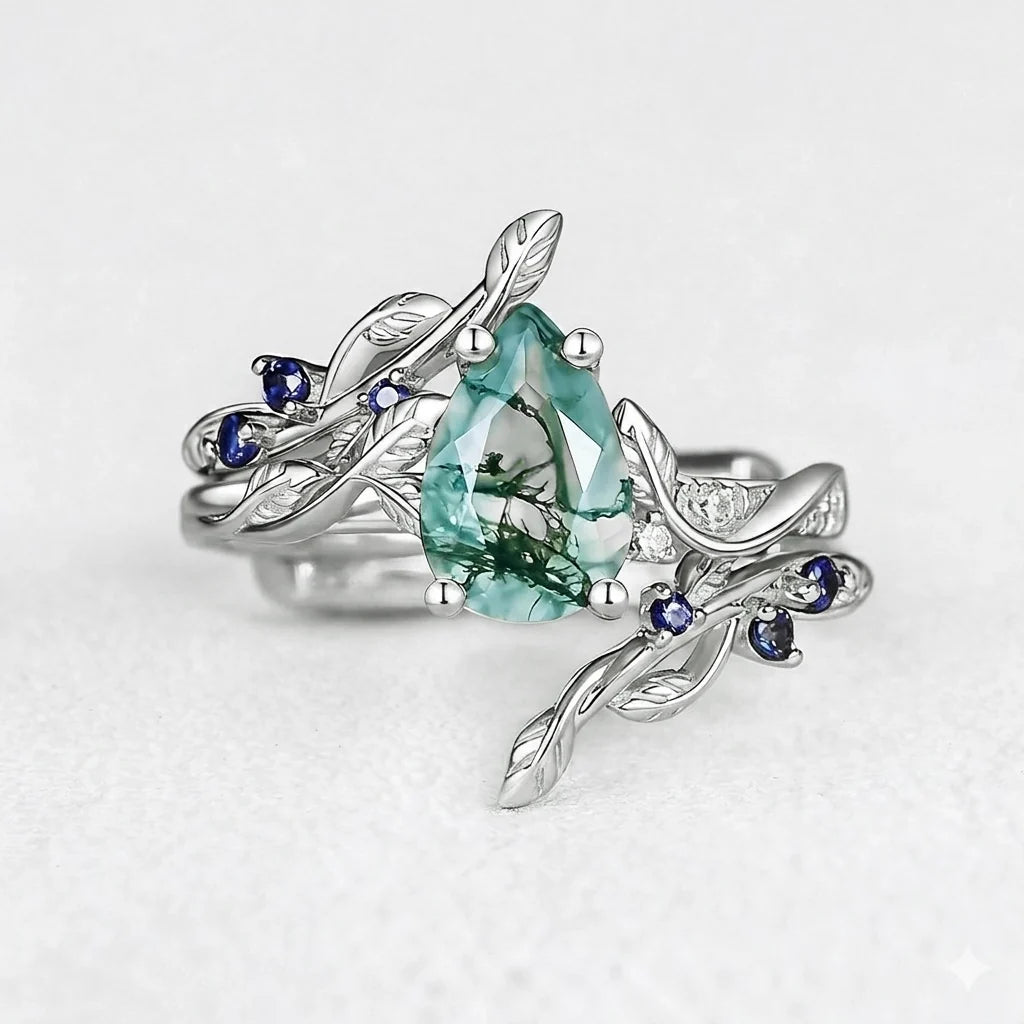 Cressida’s Companion | Moss Agate & Sapphire Engagement Enhancer Ring Set 2pcs
