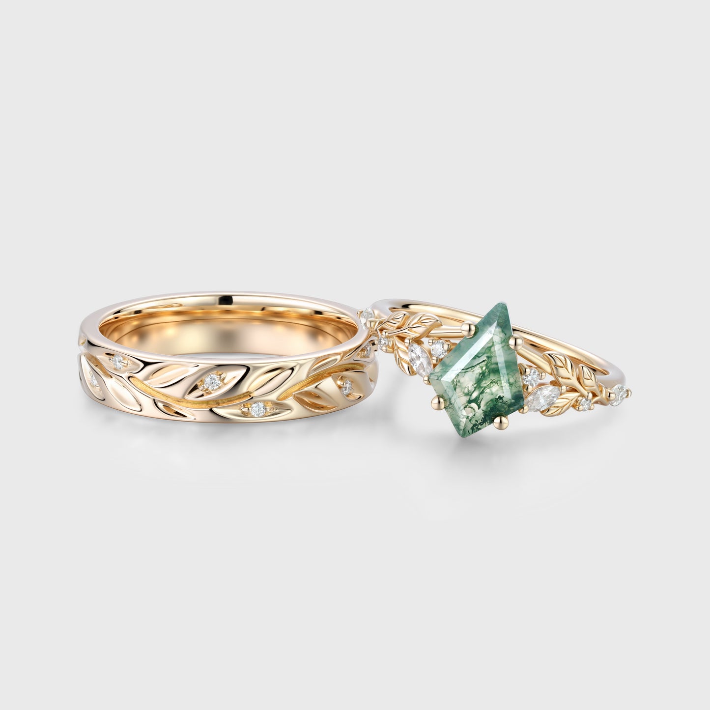 Forever Glow Moss Agate Couple Rings | Rose Gold Leaf Wedding Bridal Set