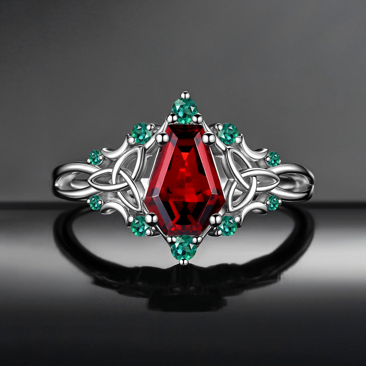 Celtic Moon - Unique Gothic Coffin Cut Garnet Celtic Engagement Ring