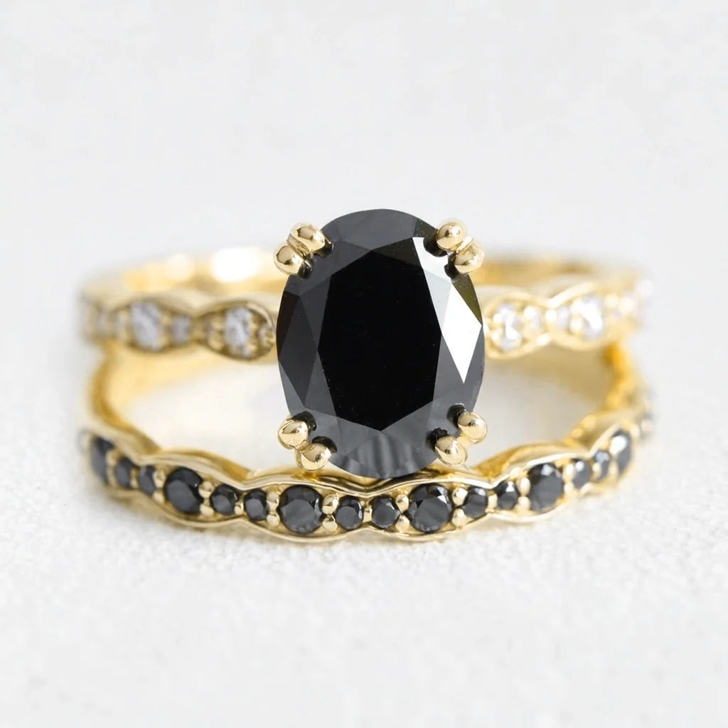 Nyx’s Shadow | Oval Black Diamond Bridal Set with Black Diamond Bands 2pcs