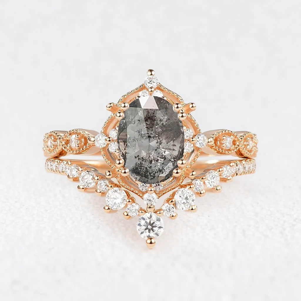 Charlotte’s Grace | 1.5CT Oval Salt & Pepper Diamond Vintage Bridal Set 2pcs