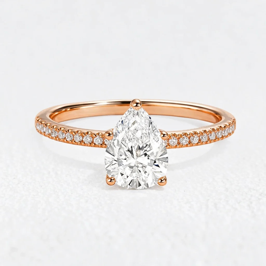 Lena’s Radiance | 1.5CT Pear Diamond Pavé Solitaire Engagement Ring