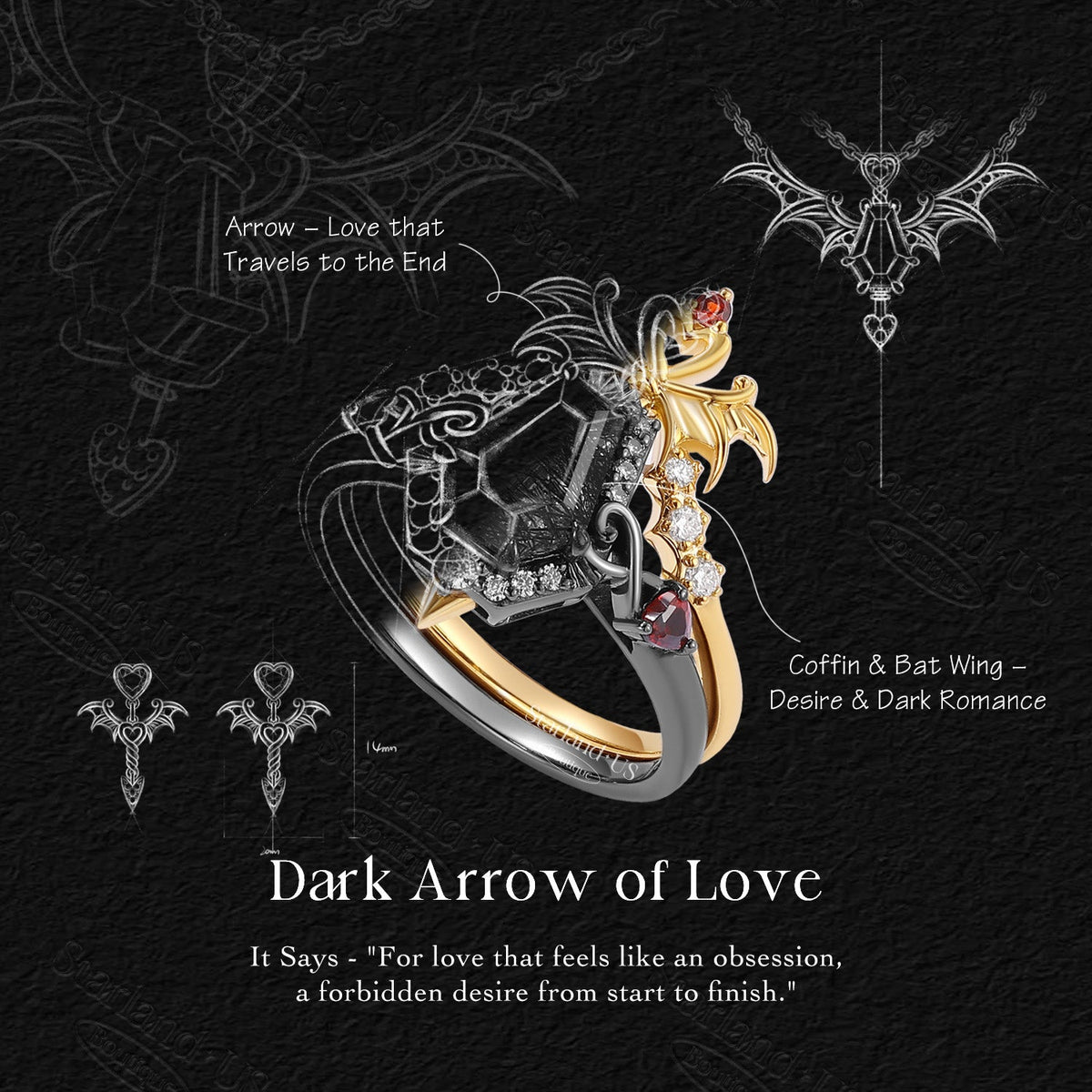 Gothic Style Coffin Black Rutilated Quartz Two-Tone Bat Wing Couple Necklaces Set 2pcs - 'Dark Arrow of Love'