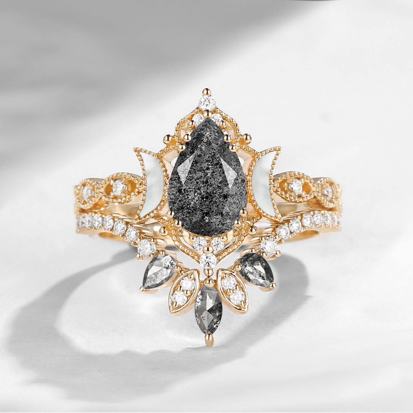Crescent Moon | Pear Herkimer Diamond & Mother of Pearl Moon 'Ultra Galaxy' Engagement Ring Set 2pcs