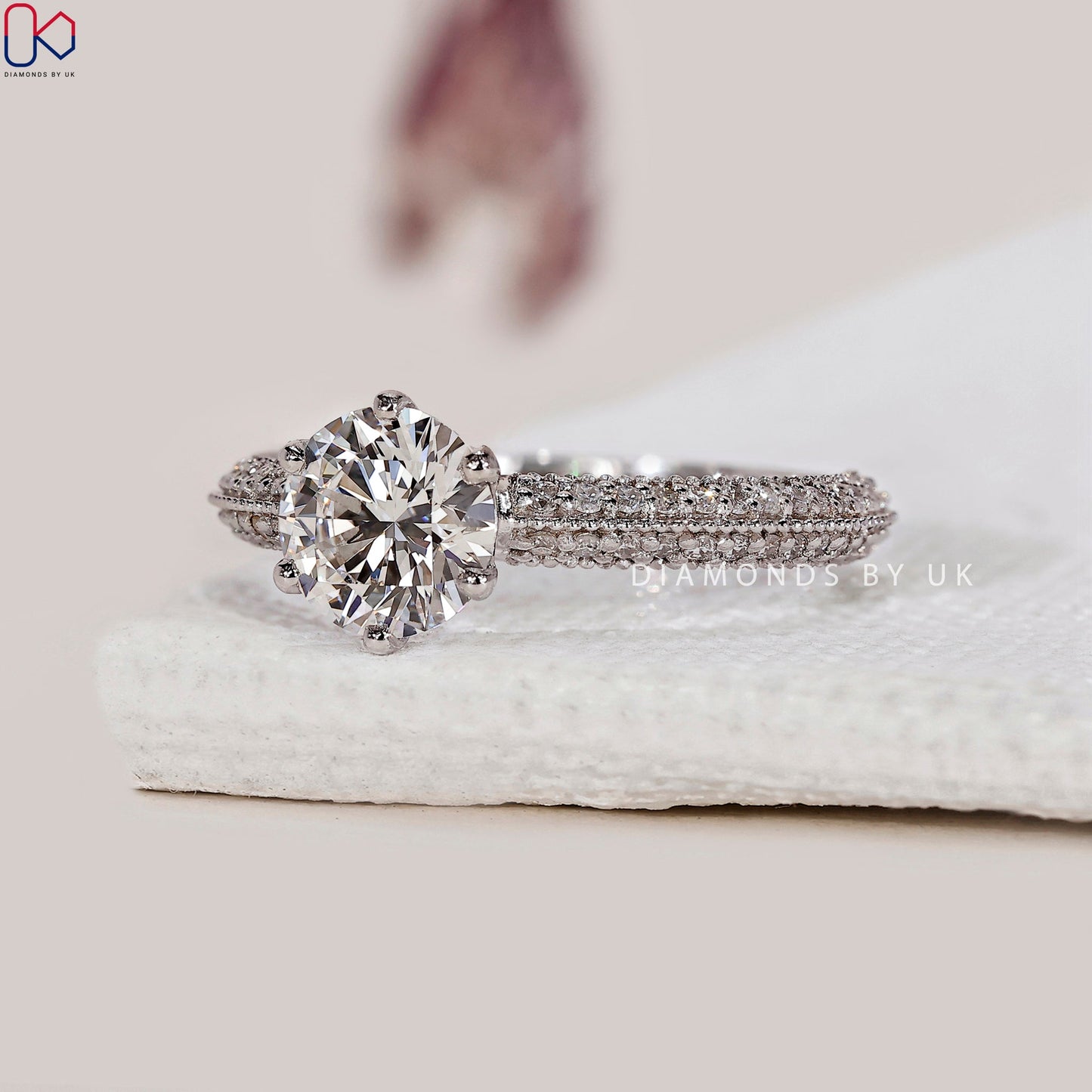 Round Diamond Double Row Pave Engagement Ring