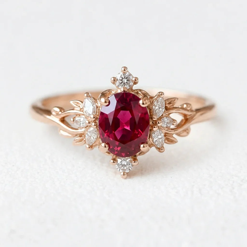Roselight Briar | Oval Ruby Engagement Ring with Scattered Diamond Leaves