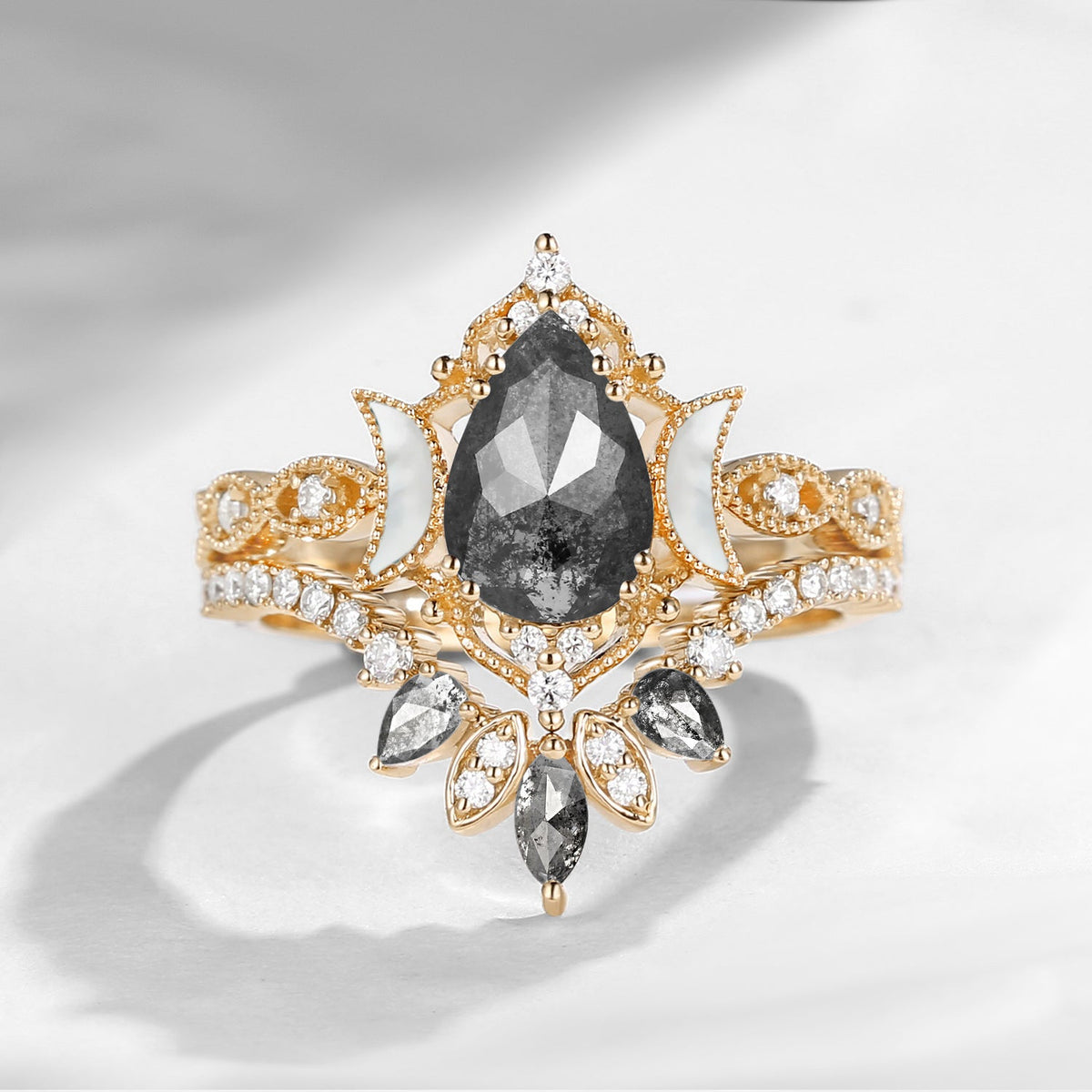 Crescent Moon | Pear Salt & Pepper Diamond & Mother of Pearl Moon 'Ultra Galaxy' Engagement Ring Set 2pcs
