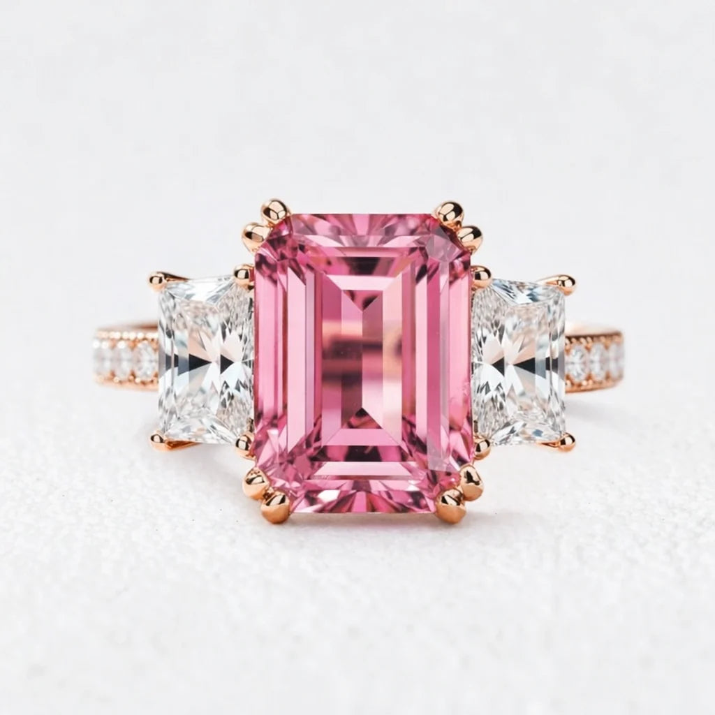 Cleo's Romance | 3CT Emerald Cut Pink Sapphire Engagement  Ring