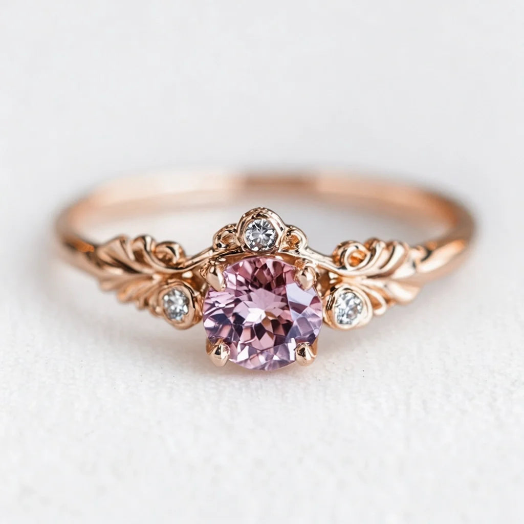 Aurelia’s Blossom | Round Rose Quartz Floral Halo Ring