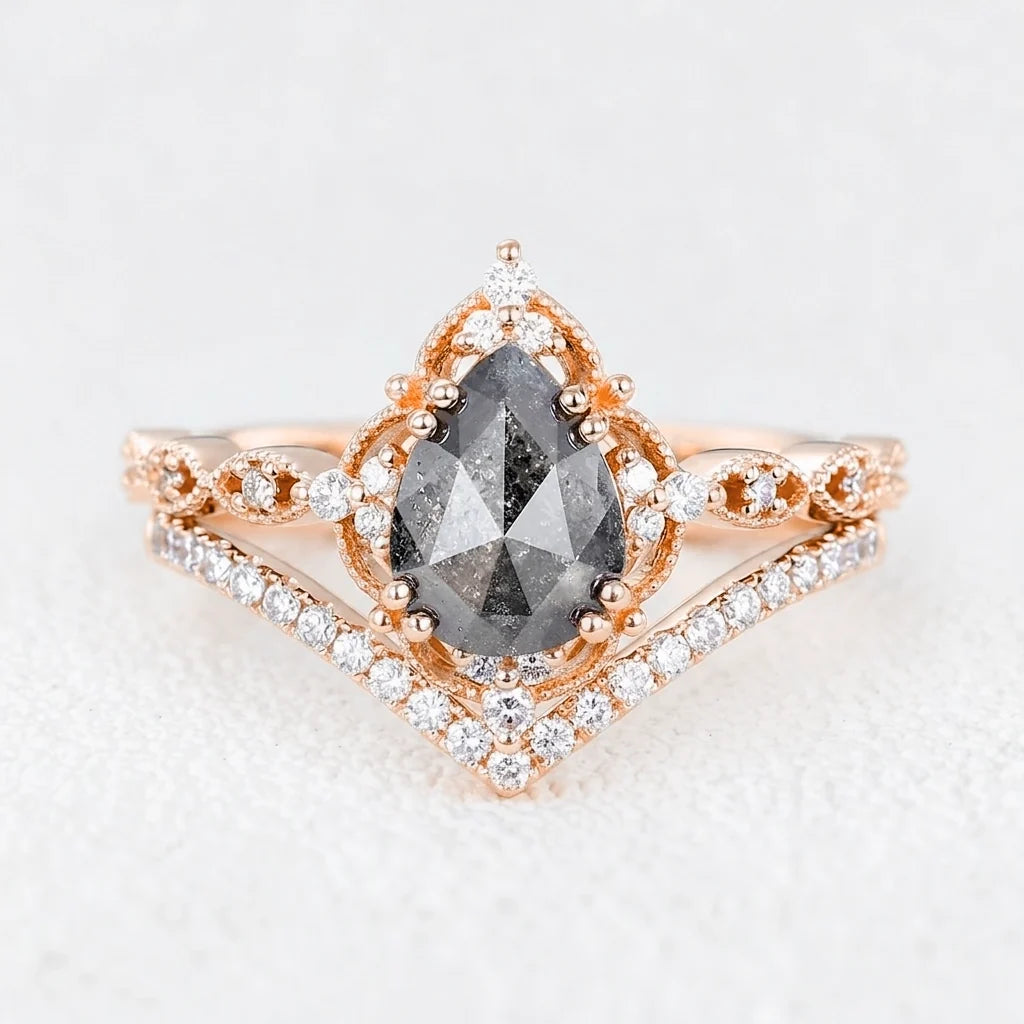 Isadora’s Reverie | Pear Cut Salt & Pepper Diamond Vintage Bridal Set 2pcs
