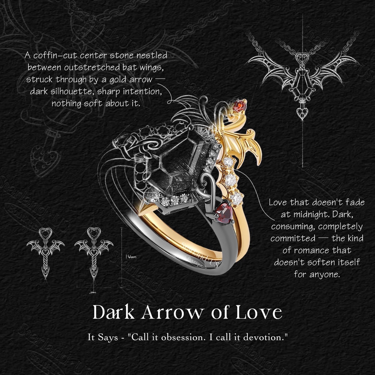 'Dark Arrow of Love' - Gothic Bat Wing Inspired Coffin Black Rutilated Quartz Two-Tone Bridal Set 2pcs