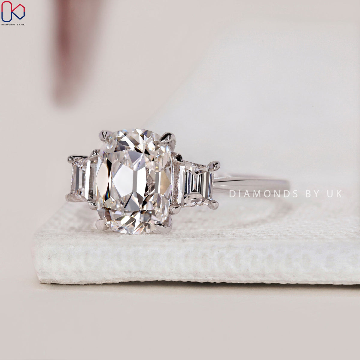 Old Mine Cut Diamond Engagement Ring In White Gold