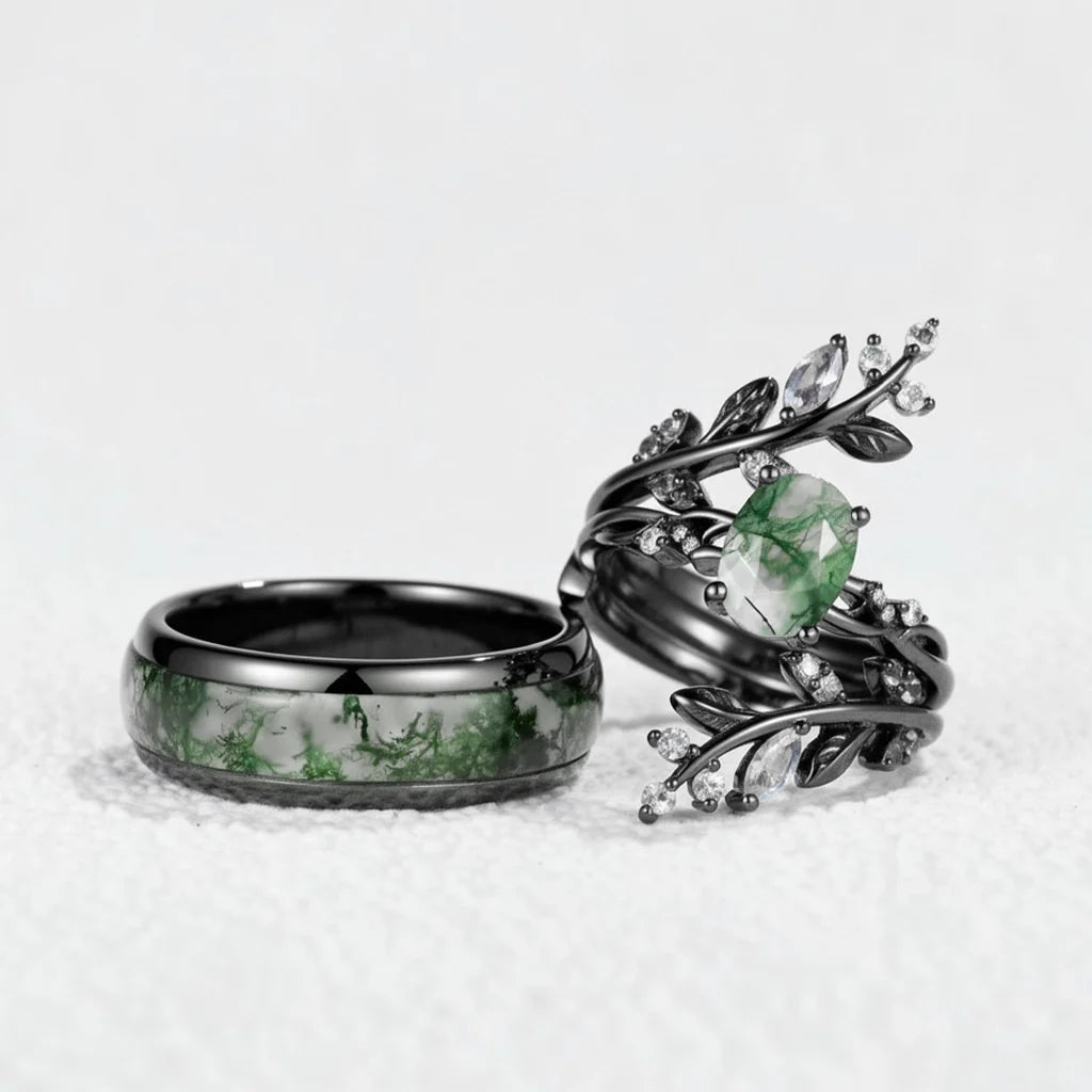 Sylvie’s Wildwood | Oval Moss Agate & Inlay Band Couple Set 3pcs
