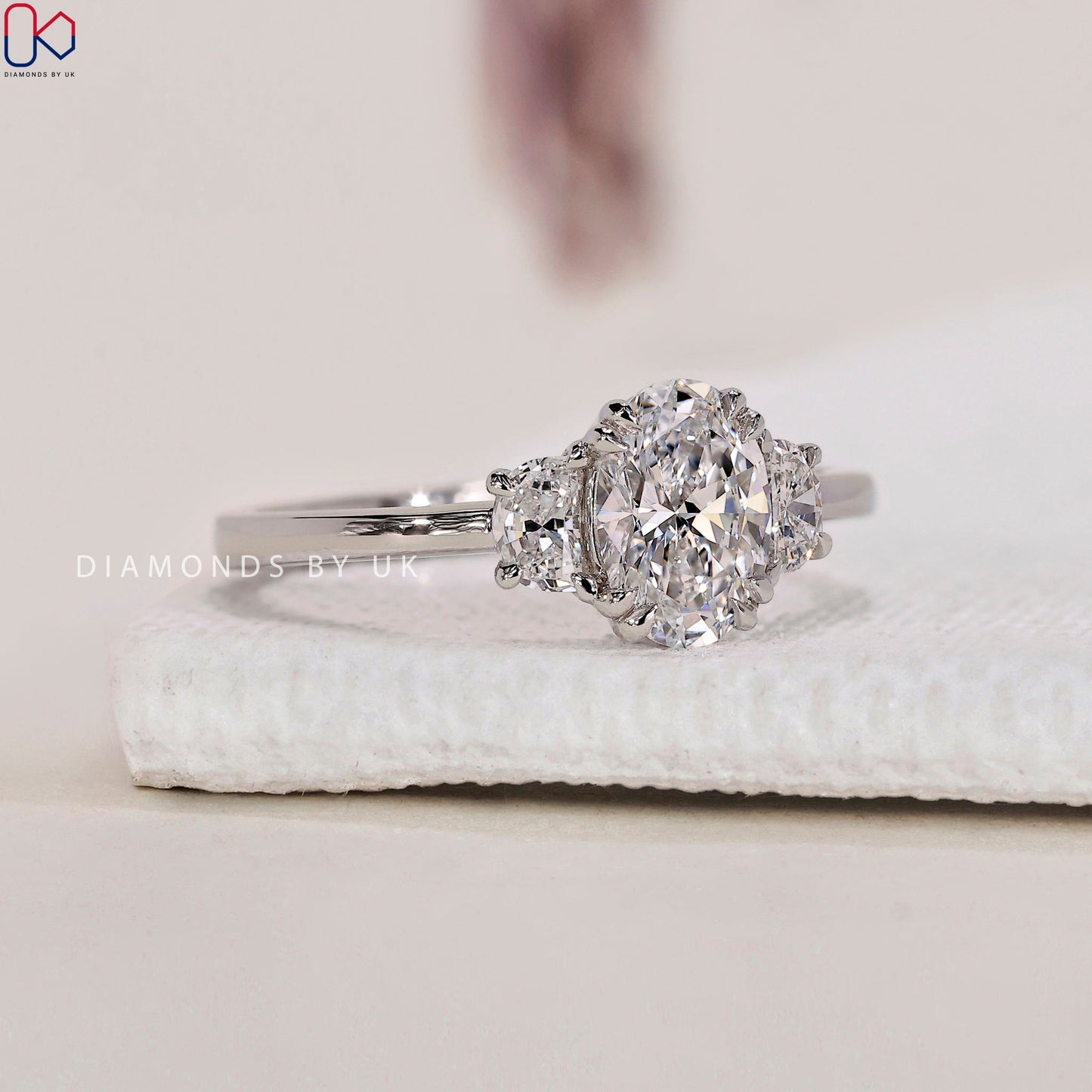 Oval and Half Moon 3 Stone Engagement Ring