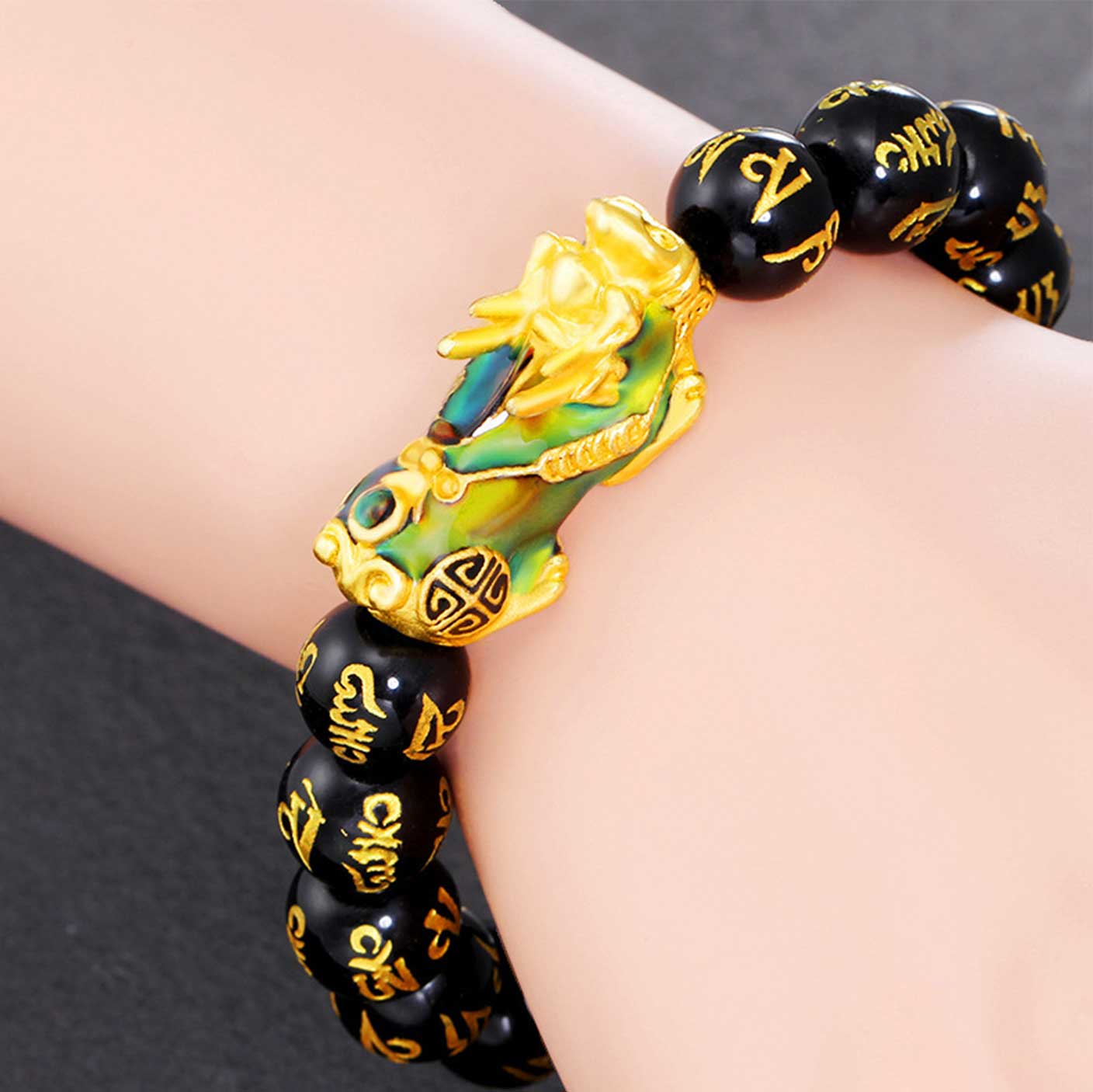 Pixiu Mani Mantra Black Obsidian Abundance Bracelet