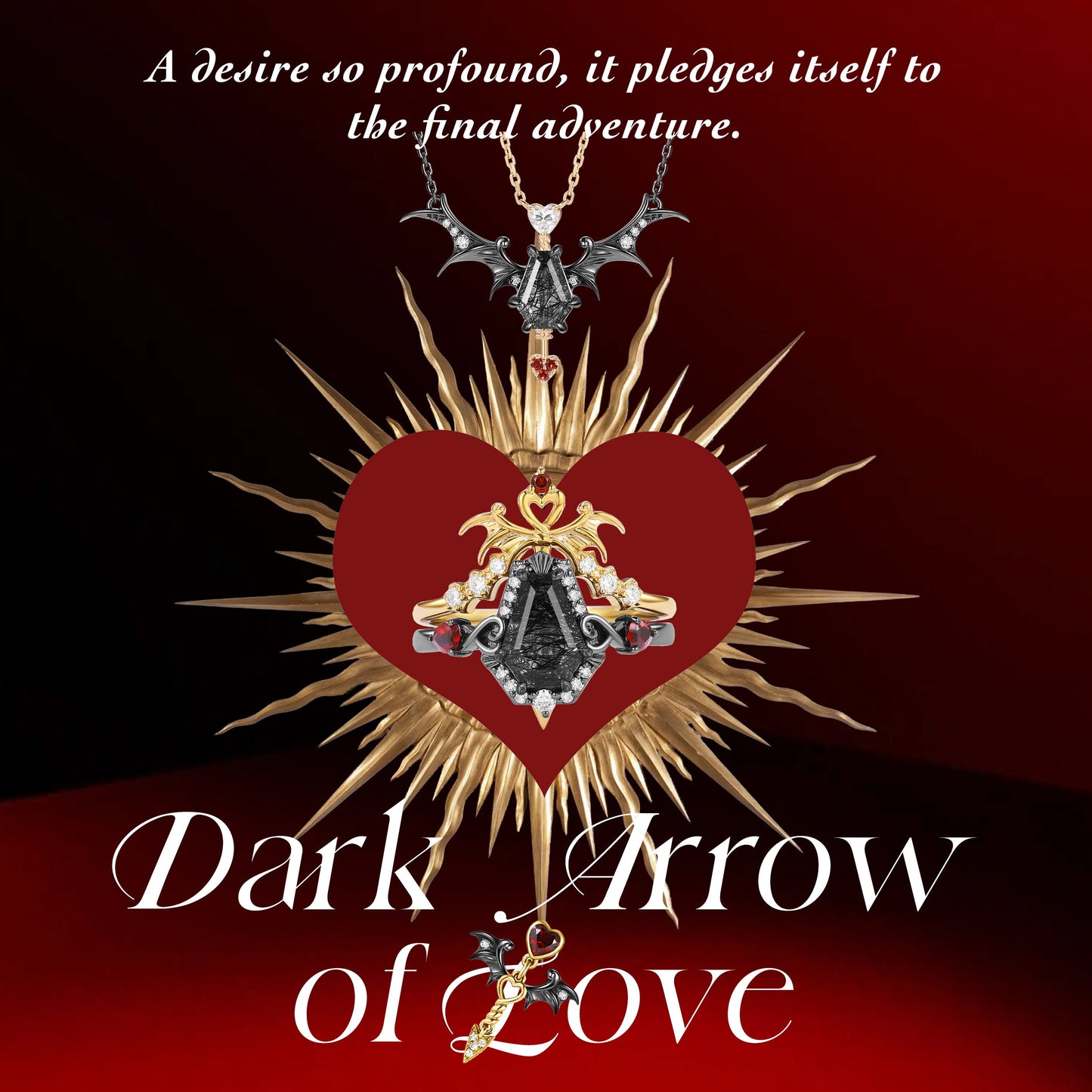Gothic Bat Inspired Heart Shaped Garnet Earrings - 'Dark Arrow of Love'