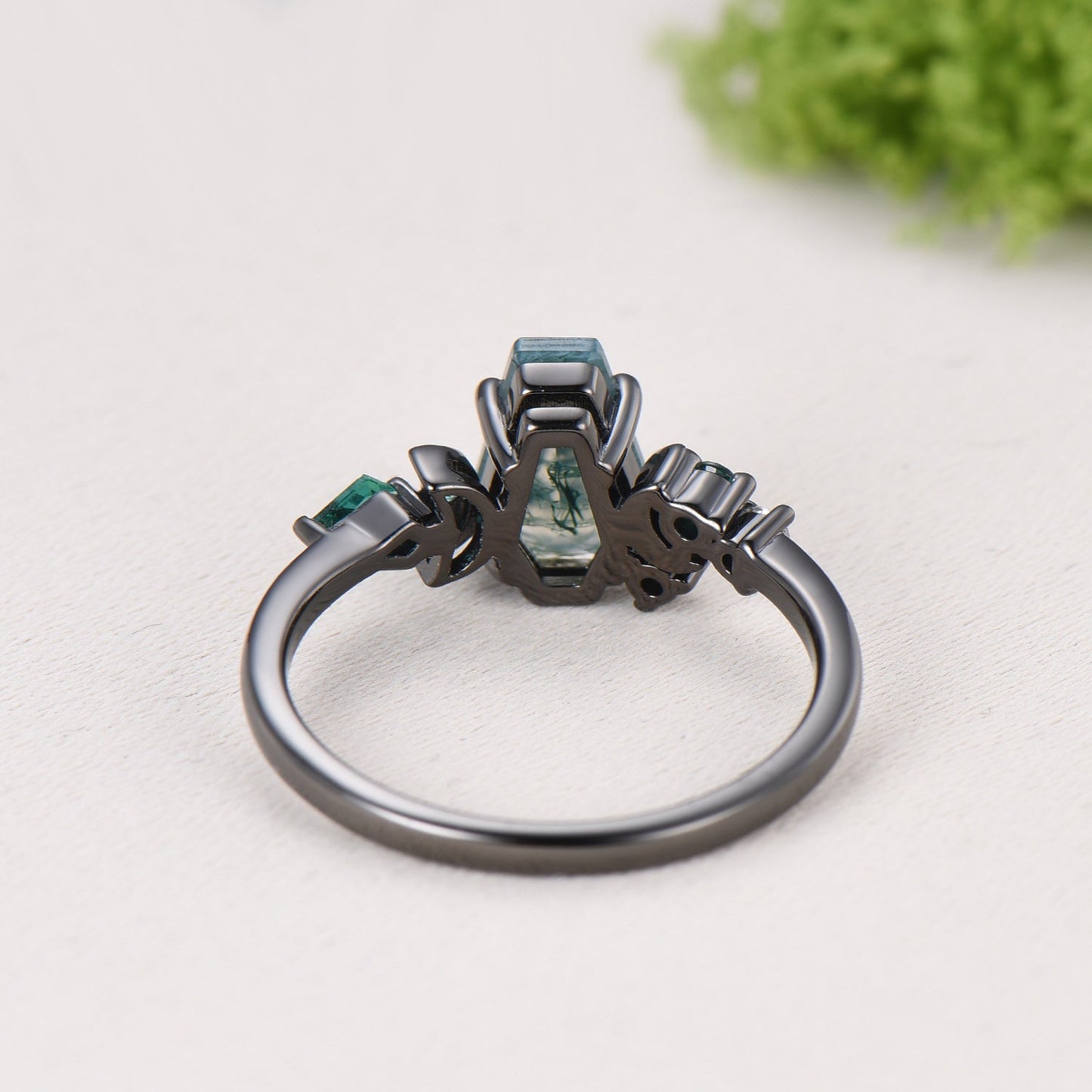 Coffin cut moss agate ring Black gold gothic engagement ring moon design cluster emerald wedding ring unique anniversary promise ring women