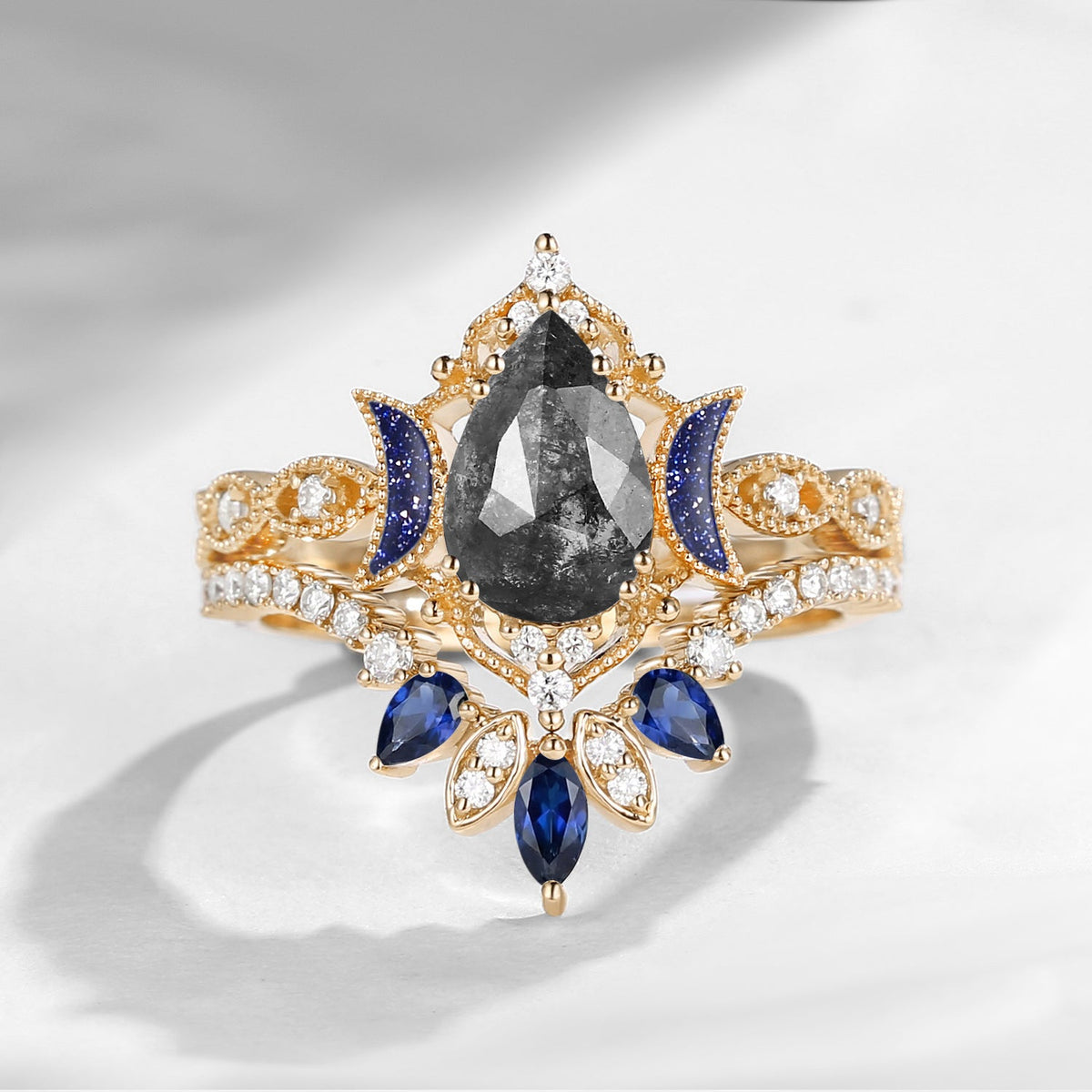 Crescent Moon | Blue Moon Inspired Pear Salt & Pepper Diamond 'Ultra Galaxy' Engagement Ring Set 2pcs