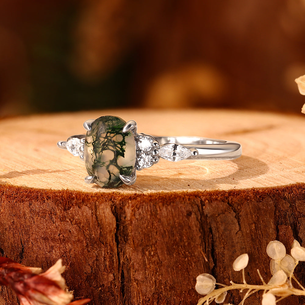Vintage 6*8mm Oval Moss Agate Engagement Ring with Marquise Cluster Side Stones