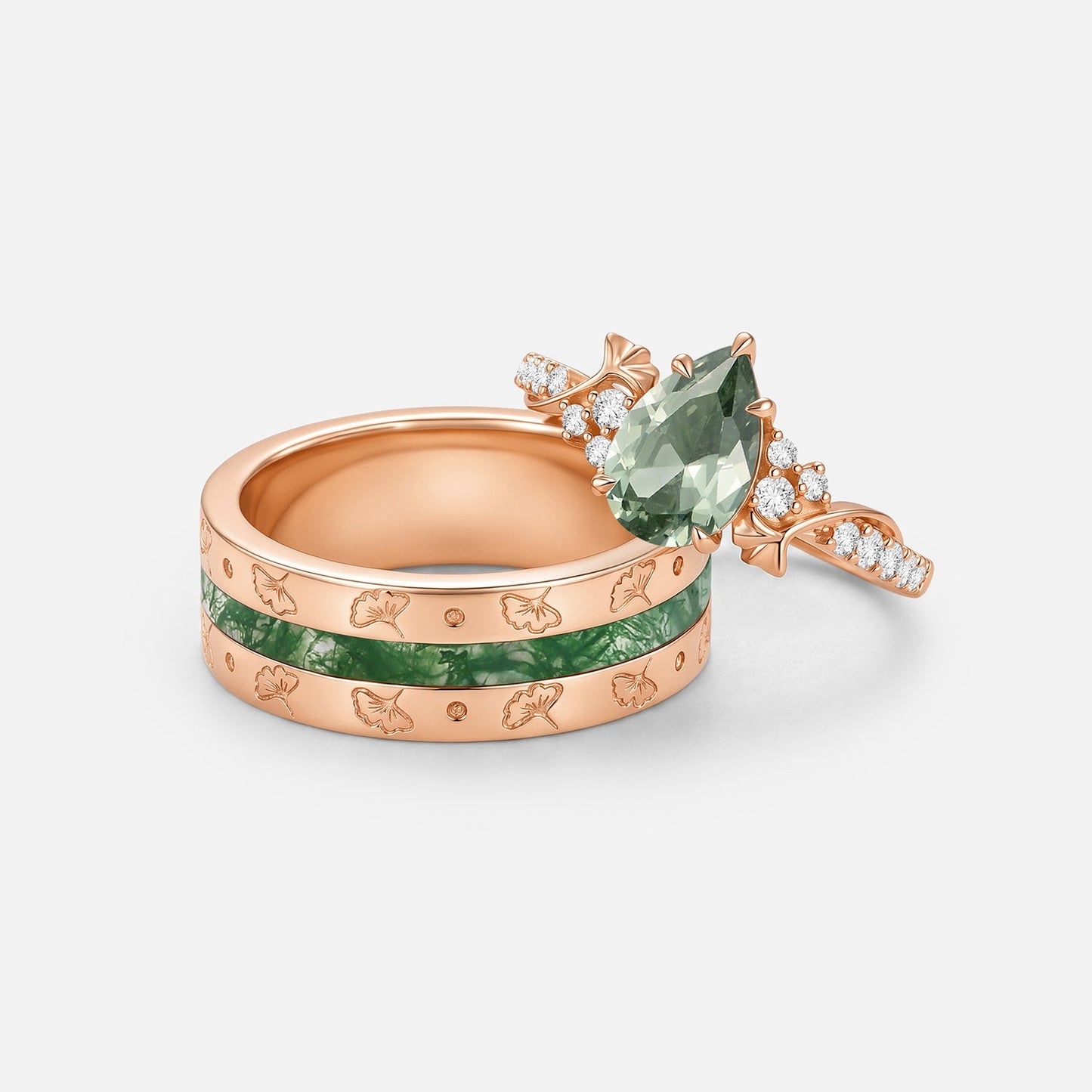 Pear Cut Lab Green Sapphire & Moss Agate Engraved Leafy Couple Ring Set 2pcs - Reverie