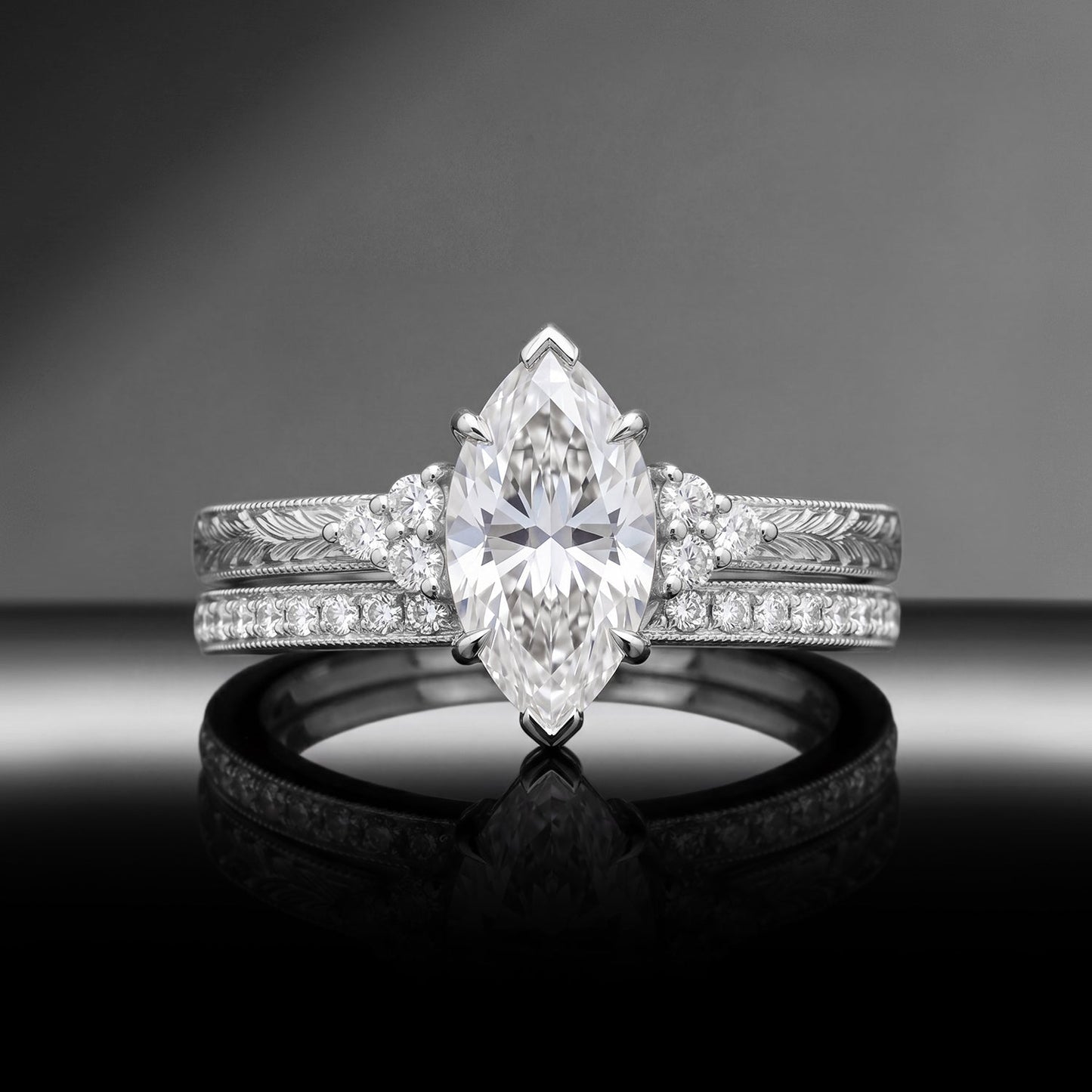 Vintage Nature Inspired Marquise Moissanite & Lab Diamond Rose Flora Engagement Ring Set 2pcs