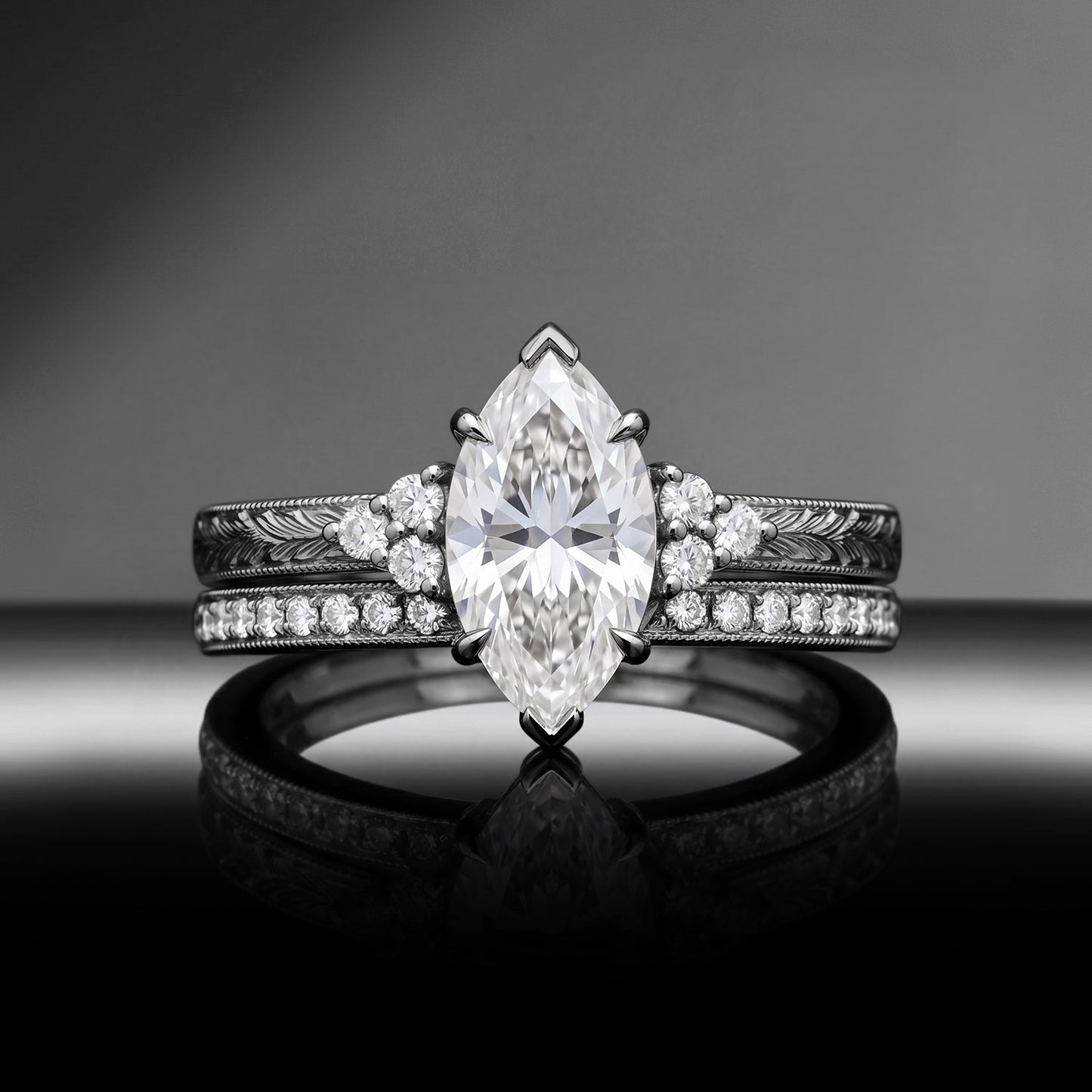 Vintage Nature Inspired Marquise Moissanite & Lab Diamond Rose Flora Engagement Ring Set 2pcs