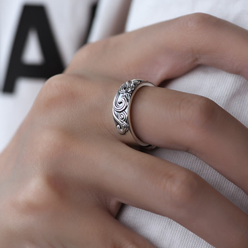 Fortune Jewel 999 Sterling Silver Auspicious Clouds Engraved Blessing Adjustable Ring