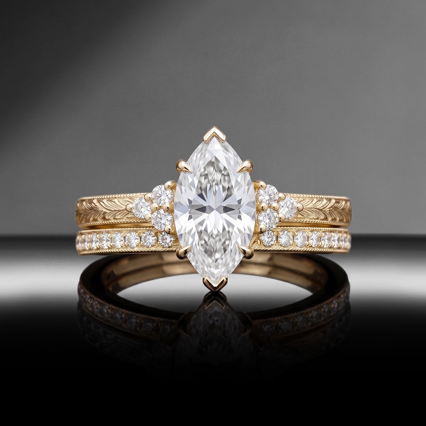 Vintage Nature Inspired Marquise Moissanite & Lab Diamond Rose Flora Engagement Ring Set 2pcs