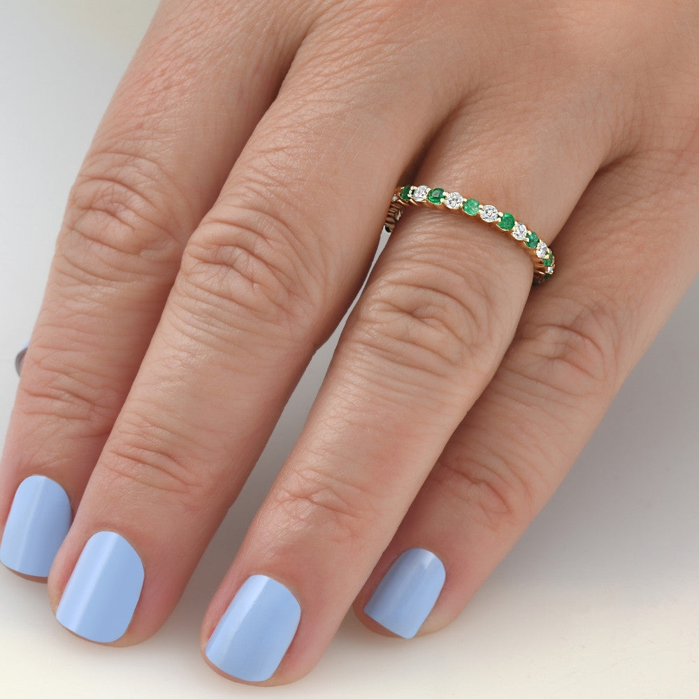 1 cttw Emerald & Diamond Wedding Eternity Stackable Ring 10k Yellow Gold