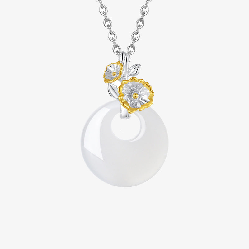 Fortune Jewel 925 Sterling Silver Round Chalcedony Twelve Months Flower Harmony Necklace Pendant