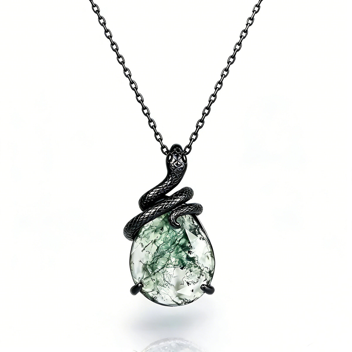 Kite Cut Moss Agate Mystical Serpent Carved Black Gold Gothic Necklace For Girlfriend - "Cloak"