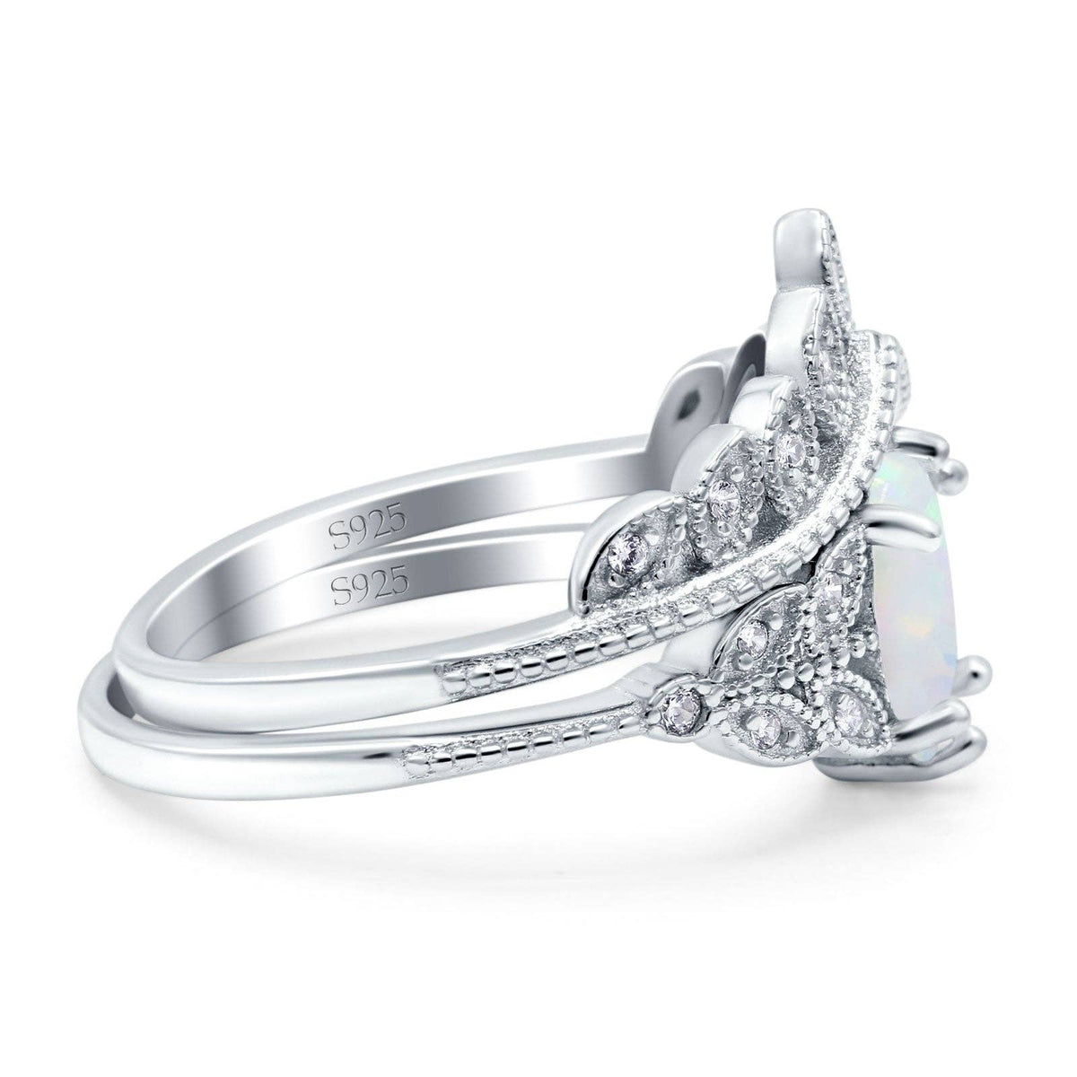 Two Piece Vintage Style Band Oval Lab Created White Opal Wedding Bridal Set Ring: Lab Created White Opal size T