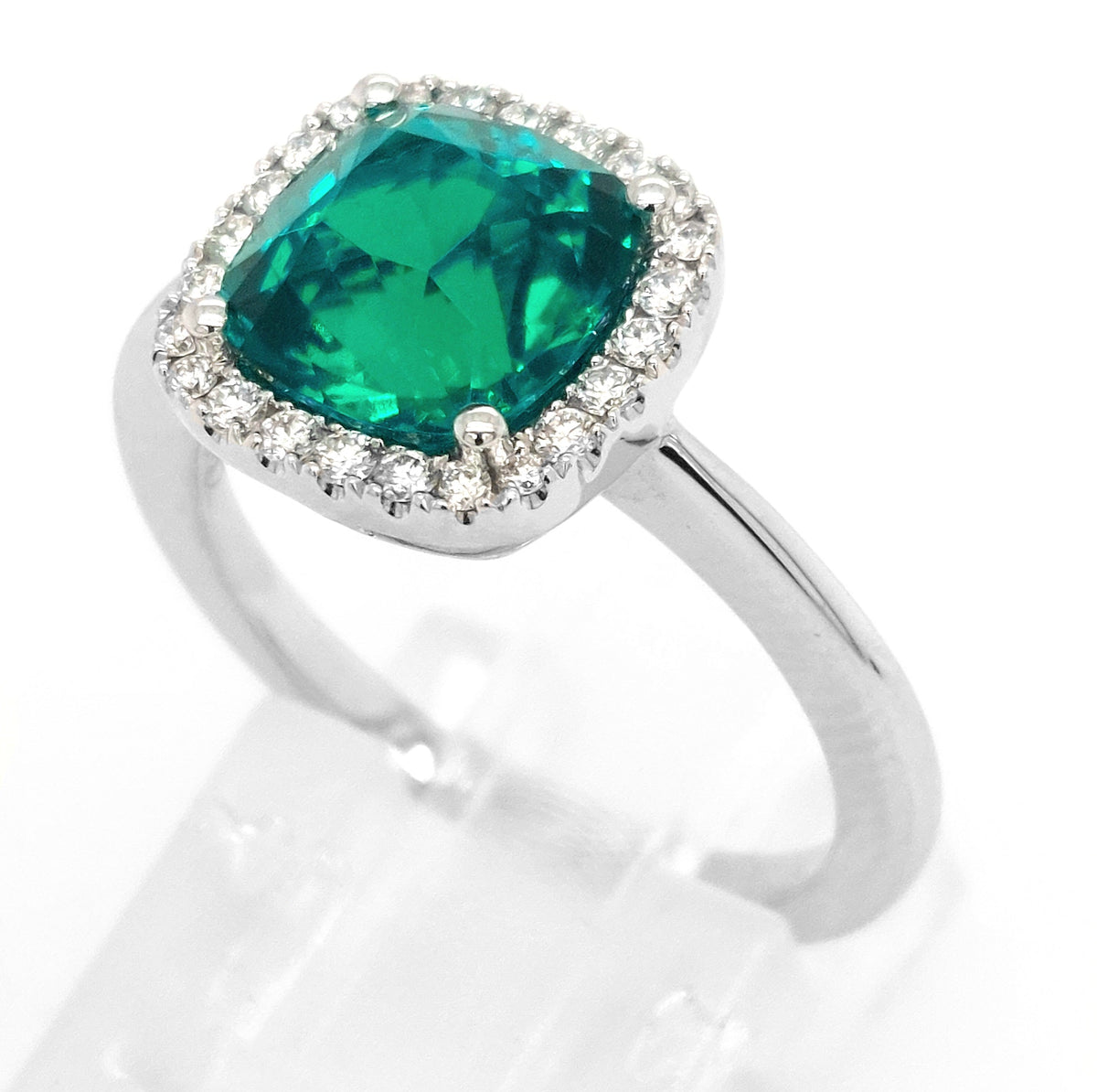 14KW Chatham Lab-Grown Emerald and Diamond Halo Ring (Size 6.5)