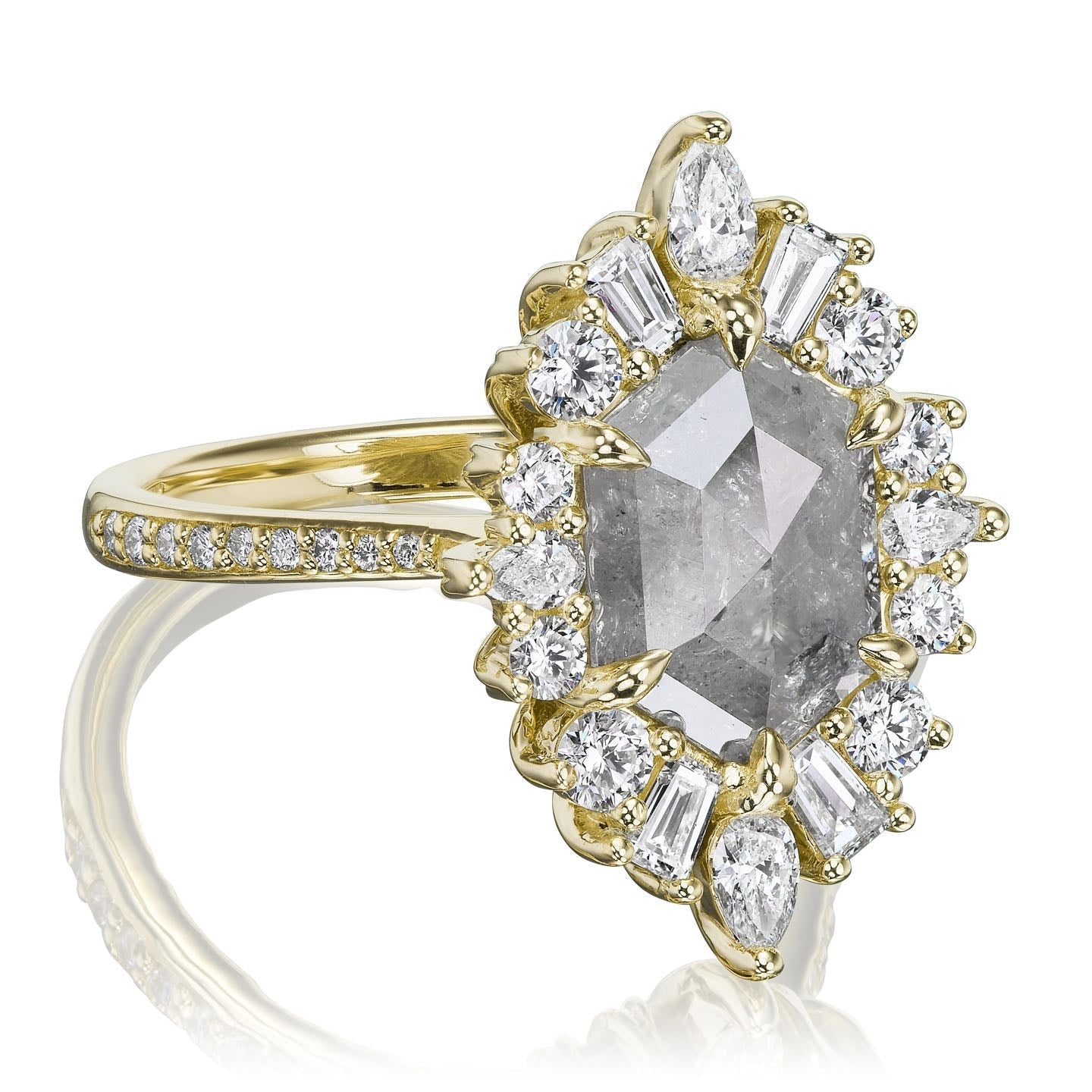 ・ASTERIA・Hexagon Rose Cut Salt + Pepper Diamond Center, Diamond Halo (2.91ctw)