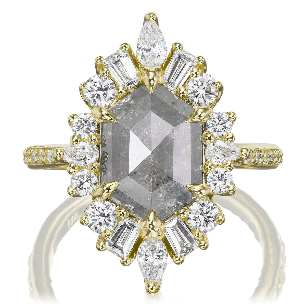 ・ASTERIA・Hexagon Rose Cut Salt + Pepper Diamond Center, Diamond Halo (2.91ctw)