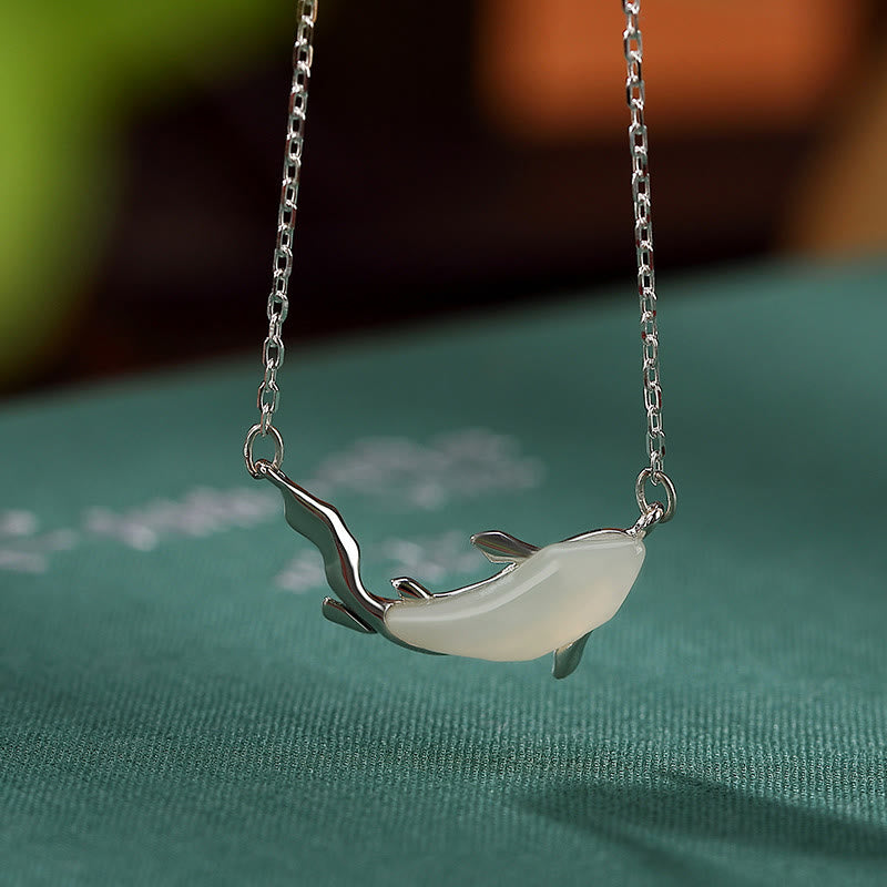 Fortune Jewel 925 Sterling Silver White Jade Dolphin Luck Necklace Pendant