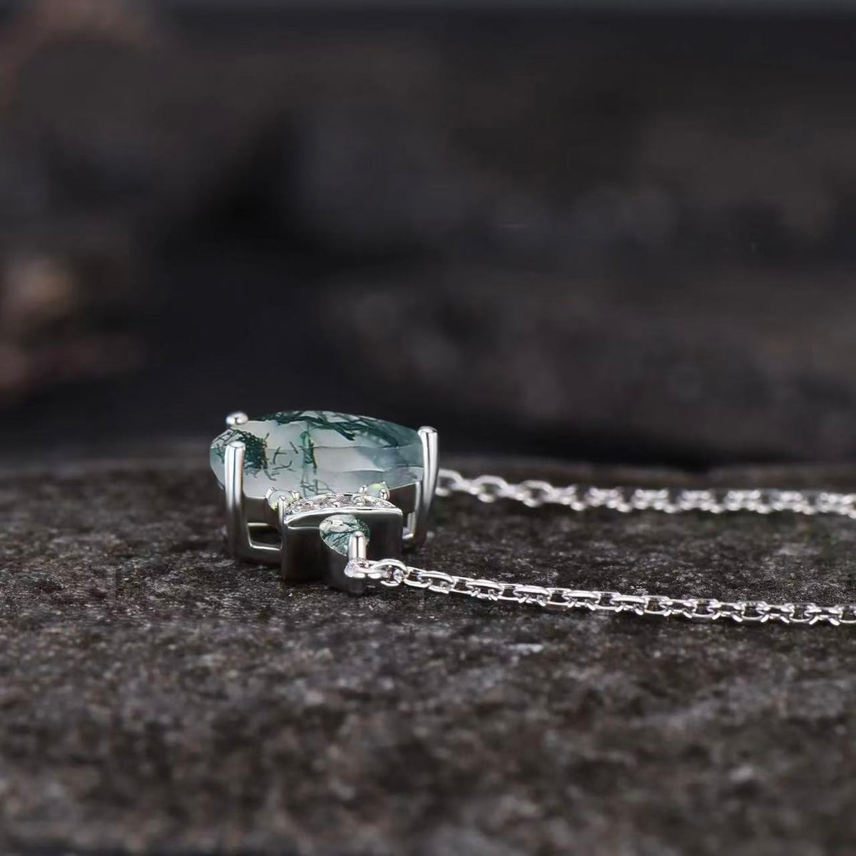 Pear Cut Moss Agate Galaxy Crescent Moon Pendant  - 'Minty'