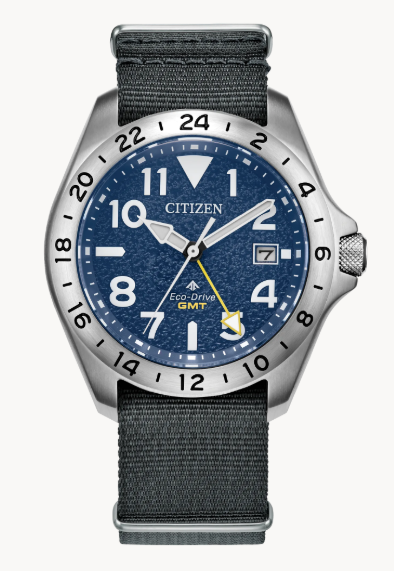 Gents Stainless Steel Citizen Eco-Drive "Promaster Land GMT" with Textured Blue Dial