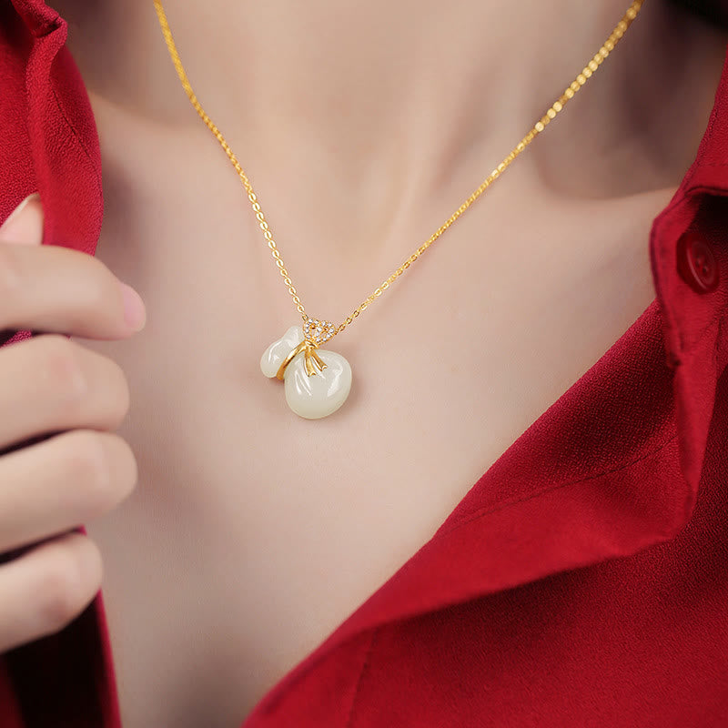 Fortune Jewel Natural Hetian White Jade Luck Money Bag Necklace Pendant